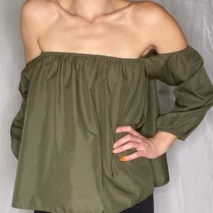 Body Language Military Green Crop Top with Statement Sleeves - One Size Fits All
